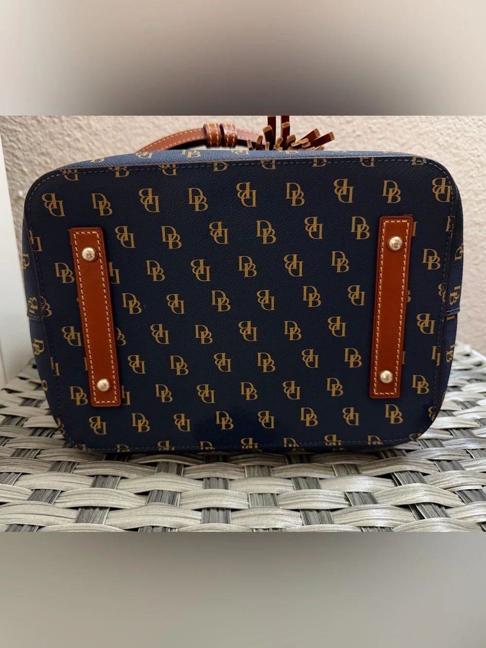 Dooney & Bourke Gretta Navy and Brown Monogram Drawstring Bucket Bag - Picture 6 of 14